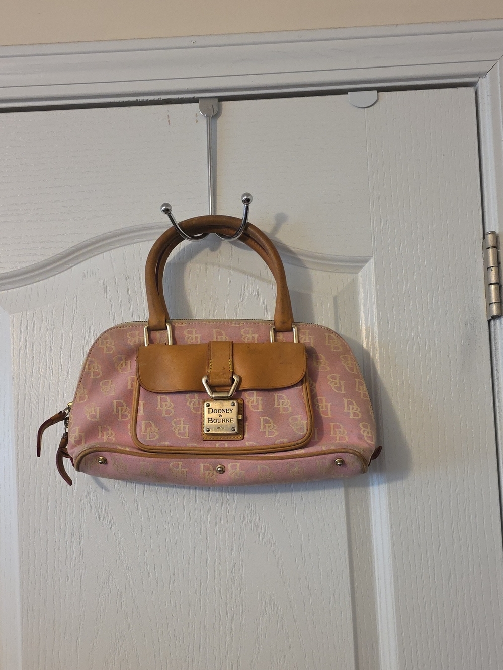 Dooney & Bourke Pink Signature Satchel with Tan Leather Trim